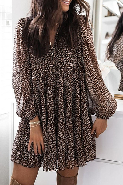 Women's A-Line Dress - Flowy Chiffon - Long Sleeve - Relaxed Fit - Knee Length