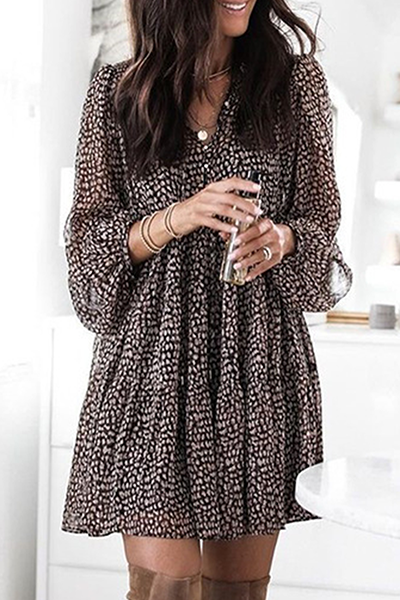 Women's A-Line Dress - Flowy Chiffon - Long Sleeve - Relaxed Fit - Knee Length
