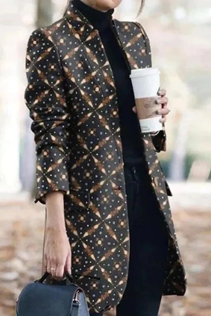 Women's print stand collar woolen coat