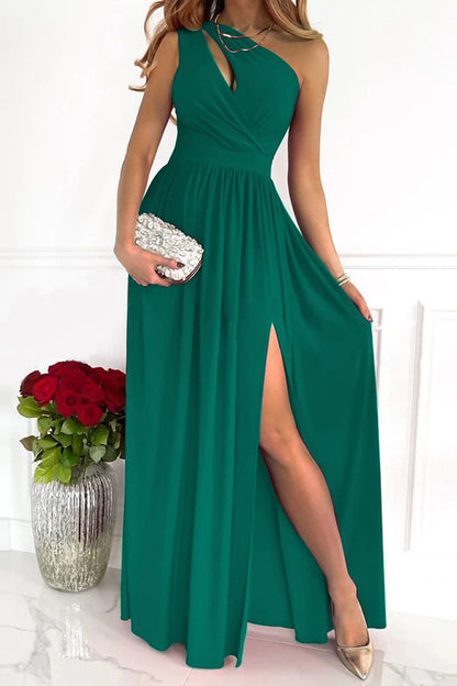 Women's One-Shoulder Dress - Asymmetric Cutout - High Waist Pleated Skirt - Slit Detail