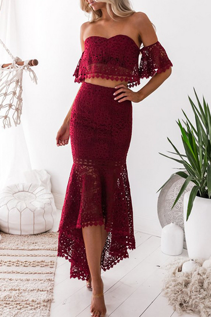 Women's Two-Piece Set - Lace Off-Shoulder Cropped Top & High-Waisted Asymmetrical Skirt