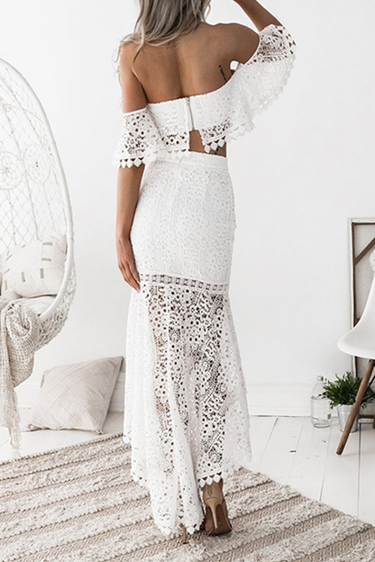 Women's Two-Piece Set - Lace Off-Shoulder Cropped Top & High-Waisted Asymmetrical Skirt