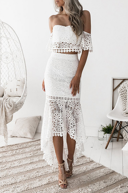 Women's Two-Piece Set - Lace Off-Shoulder Cropped Top & High-Waisted Asymmetrical Skirt
