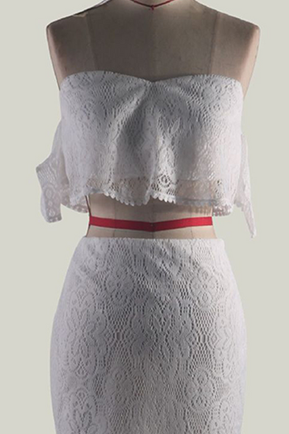 Women's Two-Piece Set - Lace Off-Shoulder Cropped Top & High-Waisted Asymmetrical Skirt