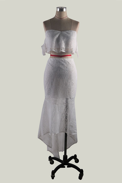 Women's Two-Piece Set - Lace Off-Shoulder Cropped Top & High-Waisted Asymmetrical Skirt