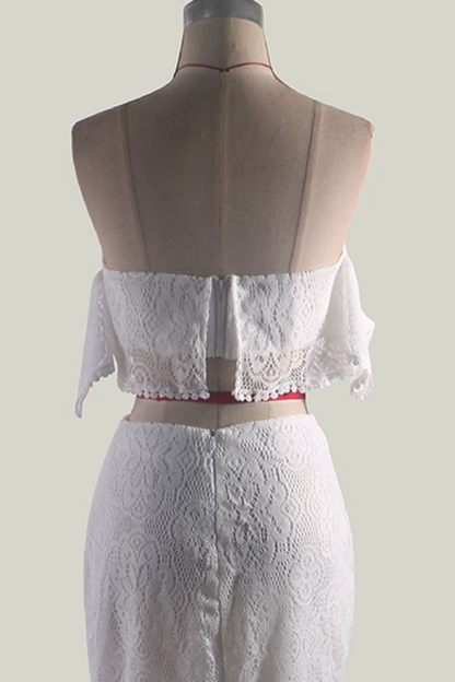 Women's Two-Piece Set - Lace Off-Shoulder Cropped Top & High-Waisted Asymmetrical Skirt