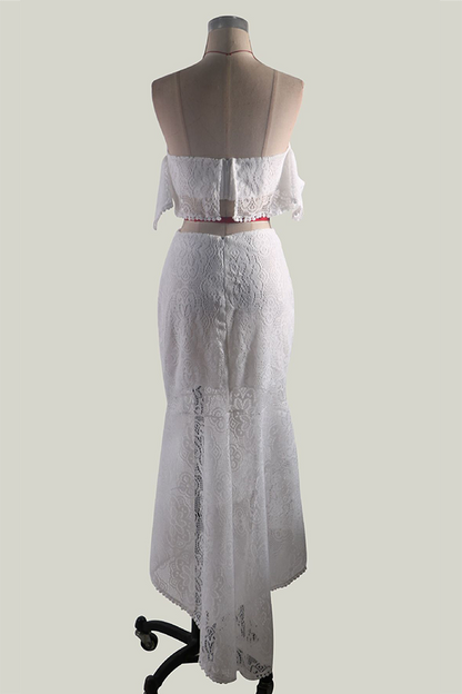 Women's Two-Piece Set - Lace Off-Shoulder Cropped Top & High-Waisted Asymmetrical Skirt