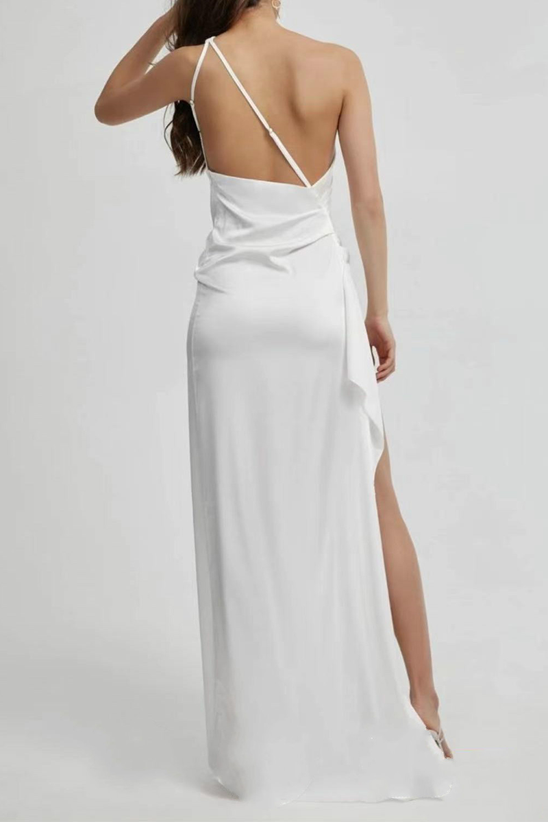 Women's Evening Dress - One-Shoulder Satin - High Slit Elegant Formal Gown