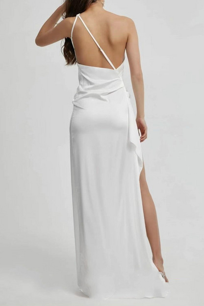 Women's Evening Dress - One-Shoulder Satin - High Slit Elegant Formal Gown