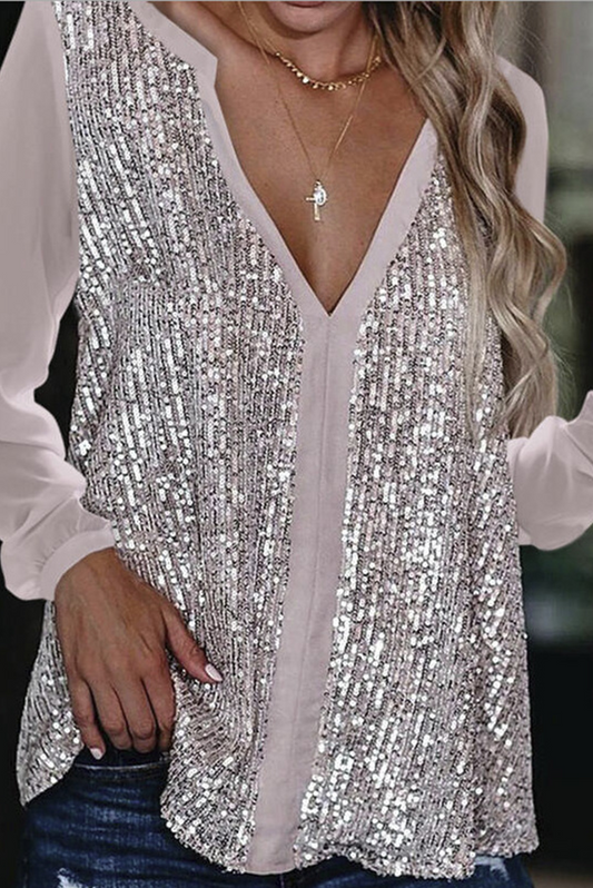 Sequin Deep V-Neck Loose Fit Blouse