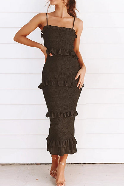 Women's Midi Dress - Bodycon Fit - Spaghetti Straps - Ruffle Detail - Smocked Texture