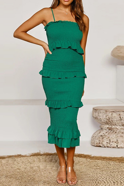 Women's Midi Dress - Bodycon Fit - Spaghetti Straps - Ruffle Detail - Smocked Texture