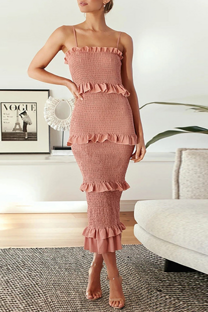 Women's Midi Dress - Bodycon Fit - Spaghetti Straps - Ruffle Detail - Smocked Texture
