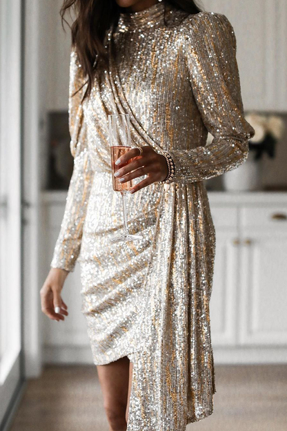 Women’s Sequin Dress - High Neck - Long Sleeve - Fitted Waist - Asymmetrical Skirt