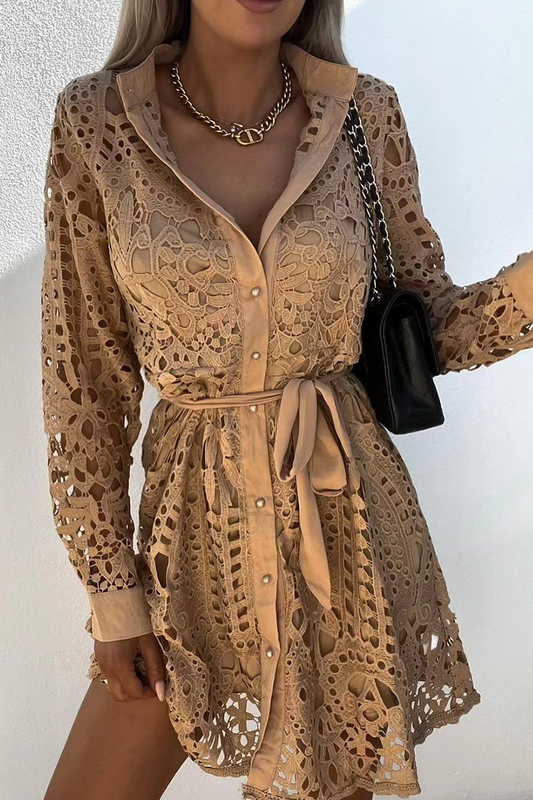 Lace Belted Button-Down Shirt Dress