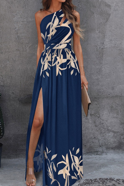Women's Maxi Dress - One Shoulder - Floral Print - High Slit Elegant Formal Wear