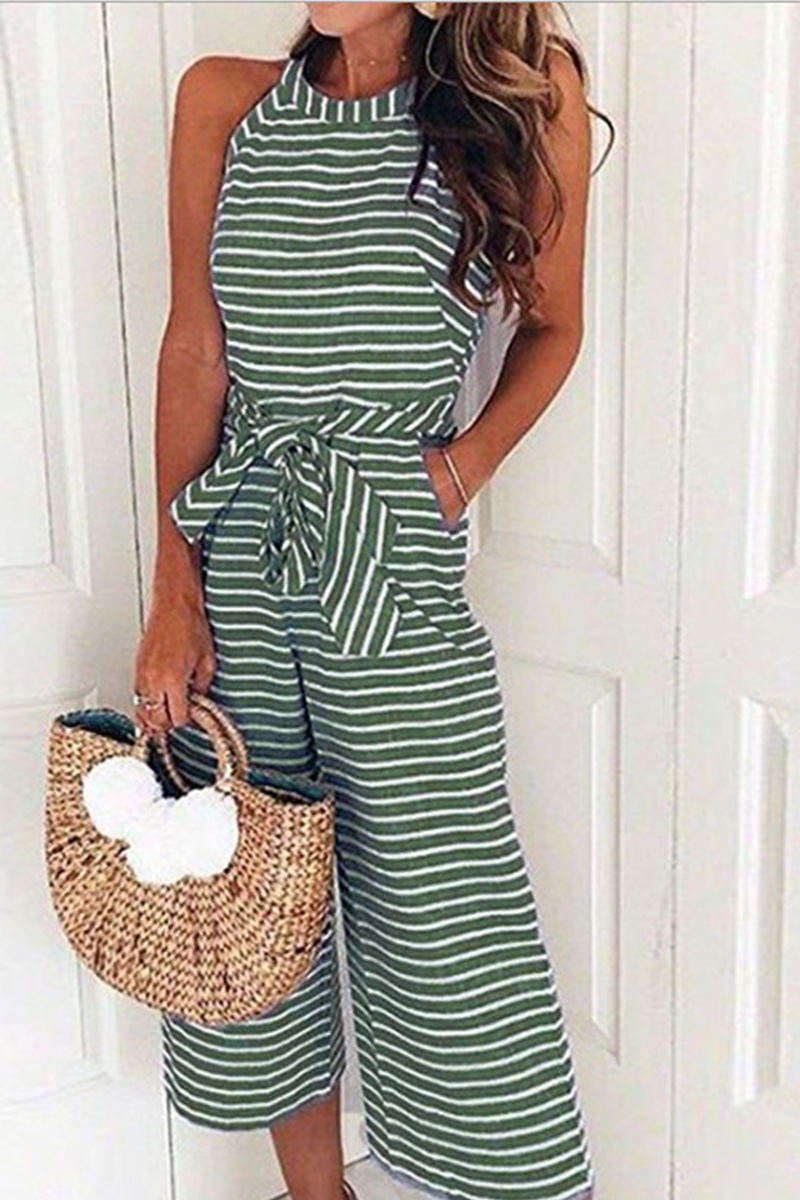 Women's Jumpsuit - Sleeveless Halter Neck - Wide Leg - Striped with Belt