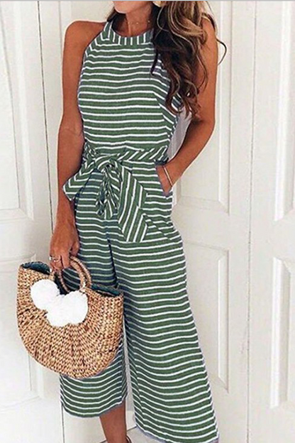 Women's Jumpsuit - Sleeveless Halter Neck - Wide Leg - Striped with Belt