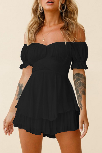 Women's Off-the-Shoulder Dress - Puff Sleeve - Fit-and-Flare Tiered Skirt