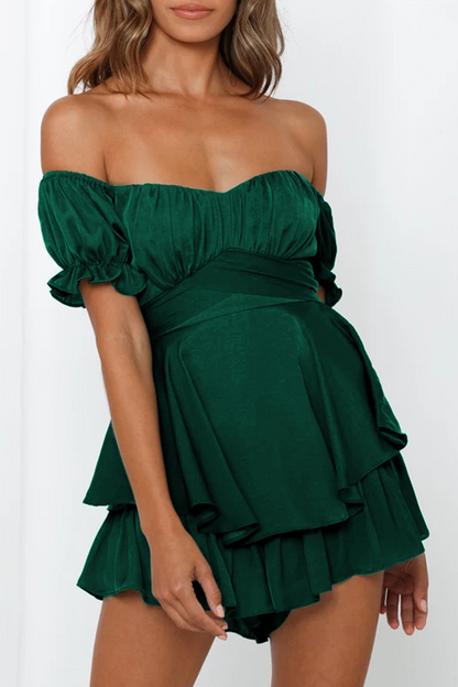 Women's Off-the-Shoulder Dress - Puff Sleeve - Fit-and-Flare Tiered Skirt
