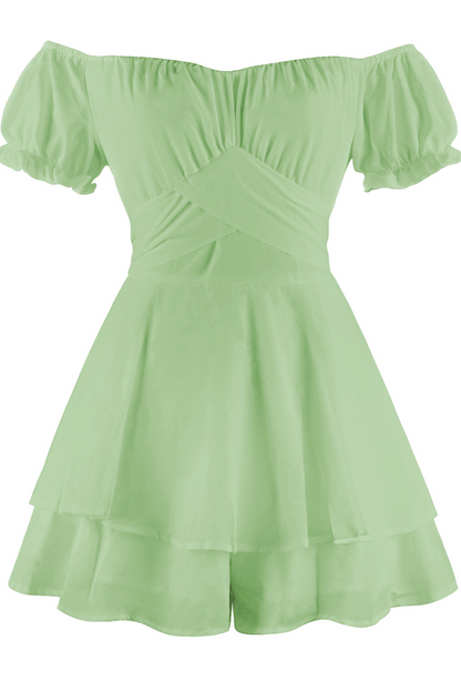 Women's Off-the-Shoulder Dress - Puff Sleeve - Fit-and-Flare Tiered Skirt
