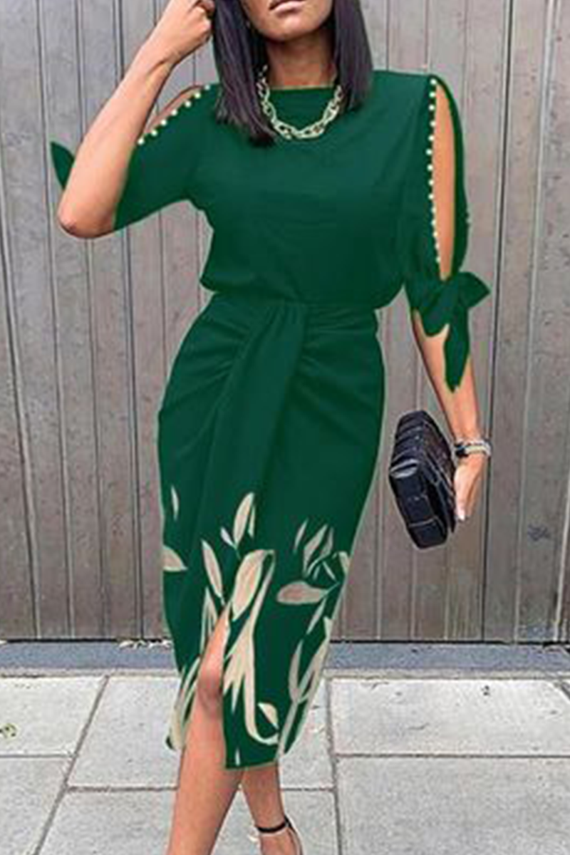 Women's Dress - Short Sleeve Pearl Cut-Out - Draped Waist Side Slit - Botanical Print