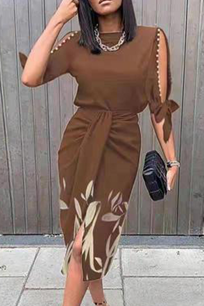 Women's Dress - Short Sleeve Pearl Cut-Out - Draped Waist Side Slit - Botanical Print