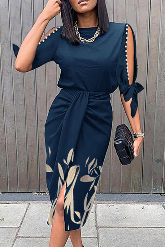 Pearl Cut-Out Draped Waist Print Dress
