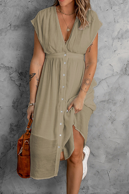 Women's Sleeveless V-Neck Dress - Button Down - High Waist - Asymmetrical Hem