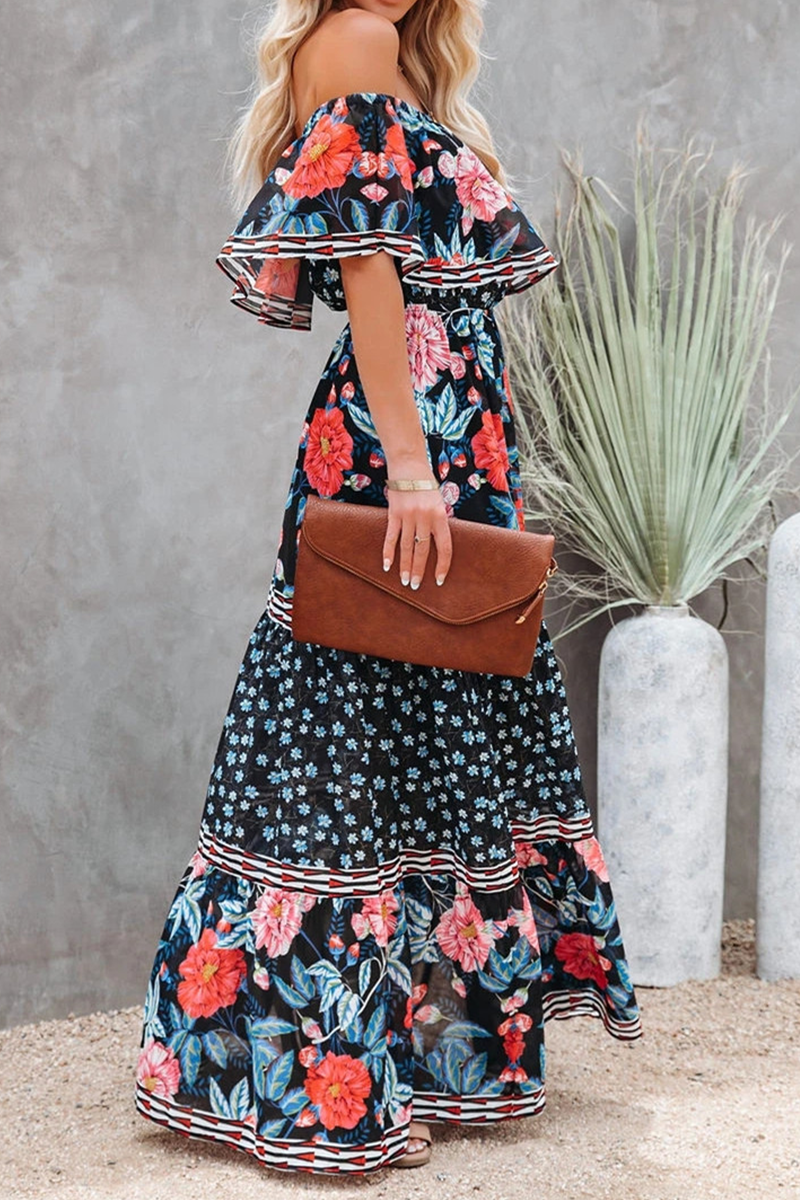 Women's Off-Shoulder Maxi Dress - Floral Print - Ruffled Overlay - Belted Waist