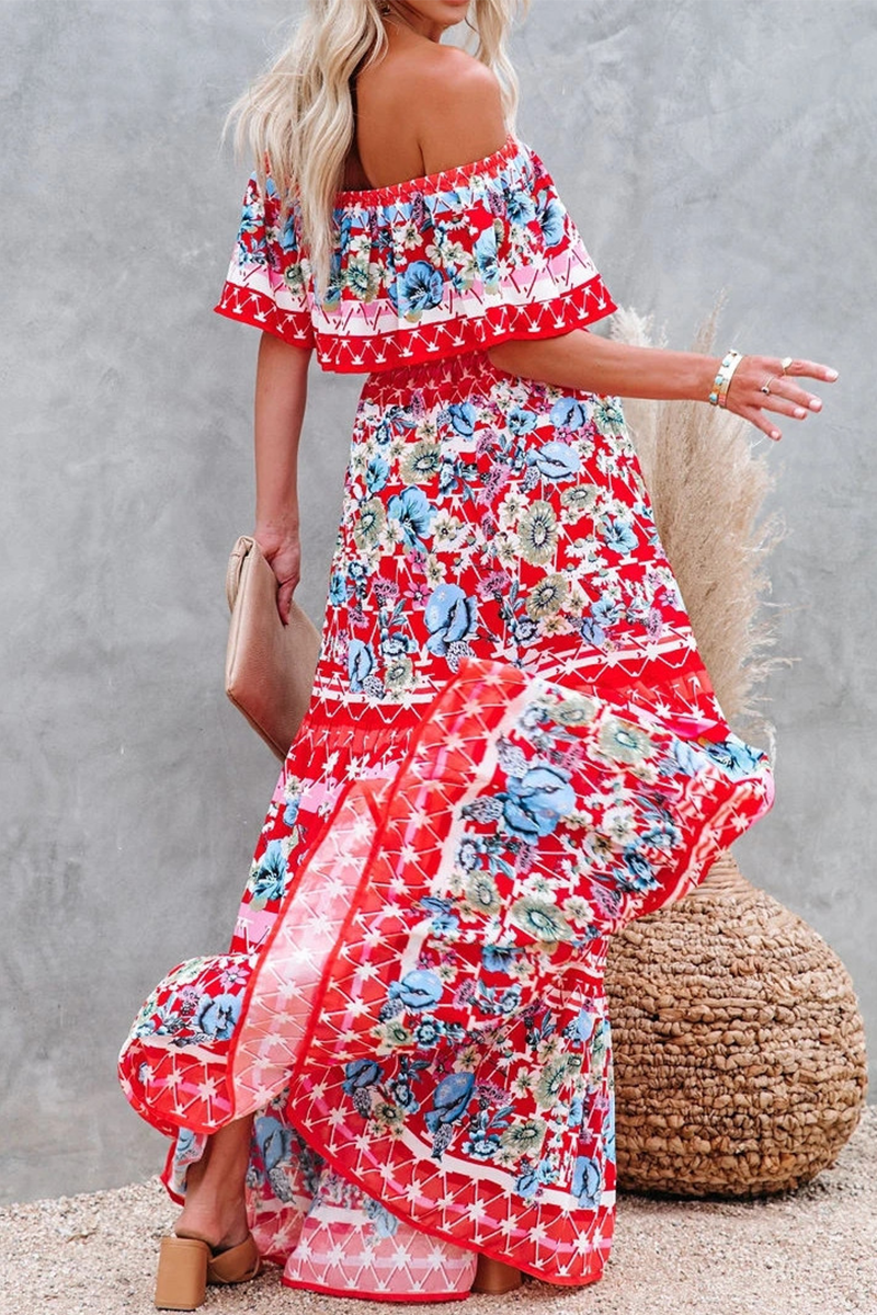 Women's Off-Shoulder Maxi Dress - Floral Print - Ruffled Overlay - Belted Waist