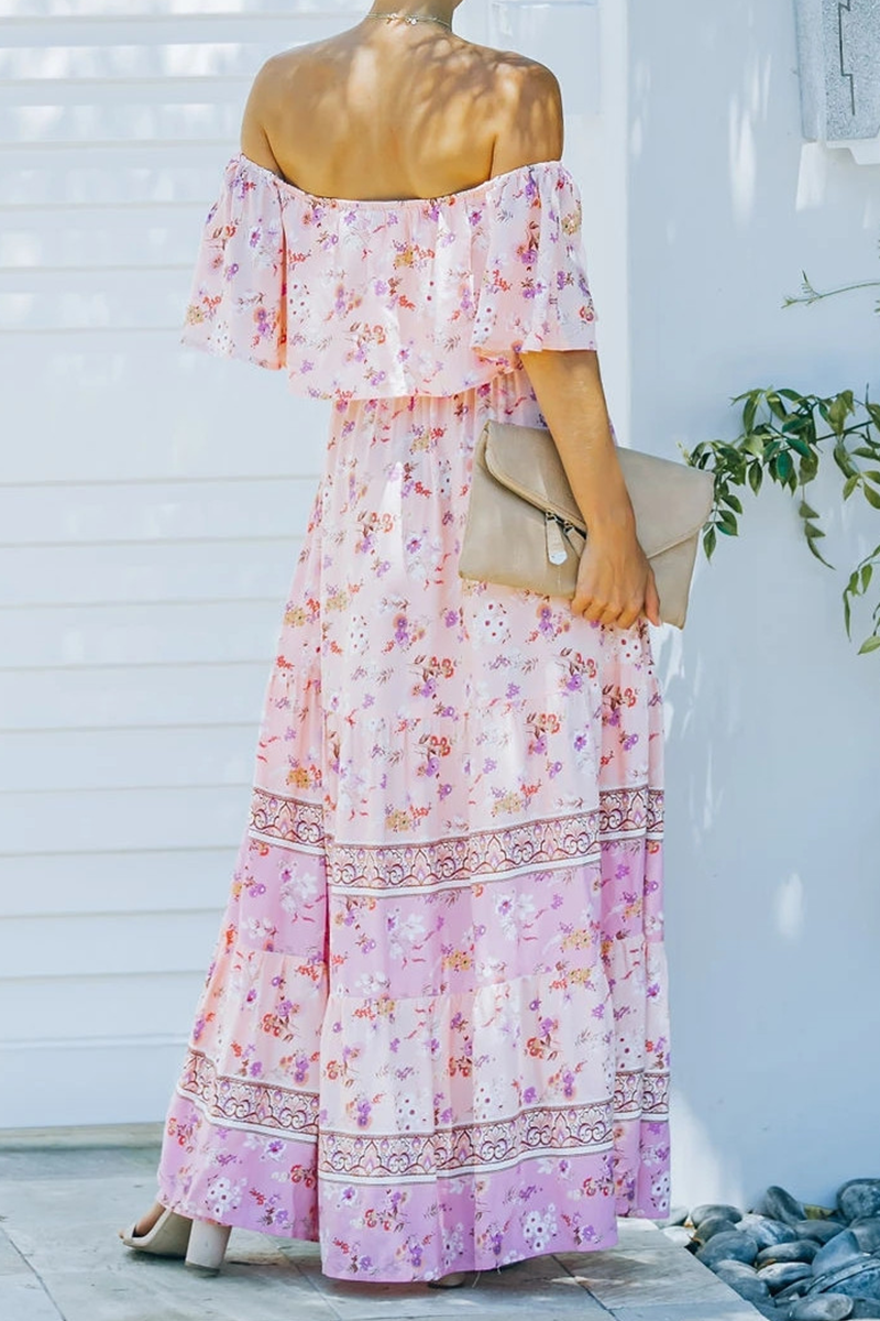 Women's Off-Shoulder Maxi Dress - Floral Print - Ruffled Overlay - Belted Waist