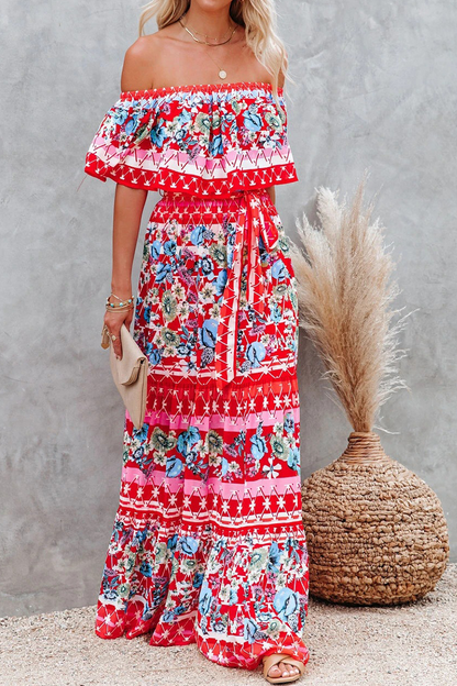 Women's Off-Shoulder Maxi Dress - Floral Print - Ruffled Overlay - Belted Waist
