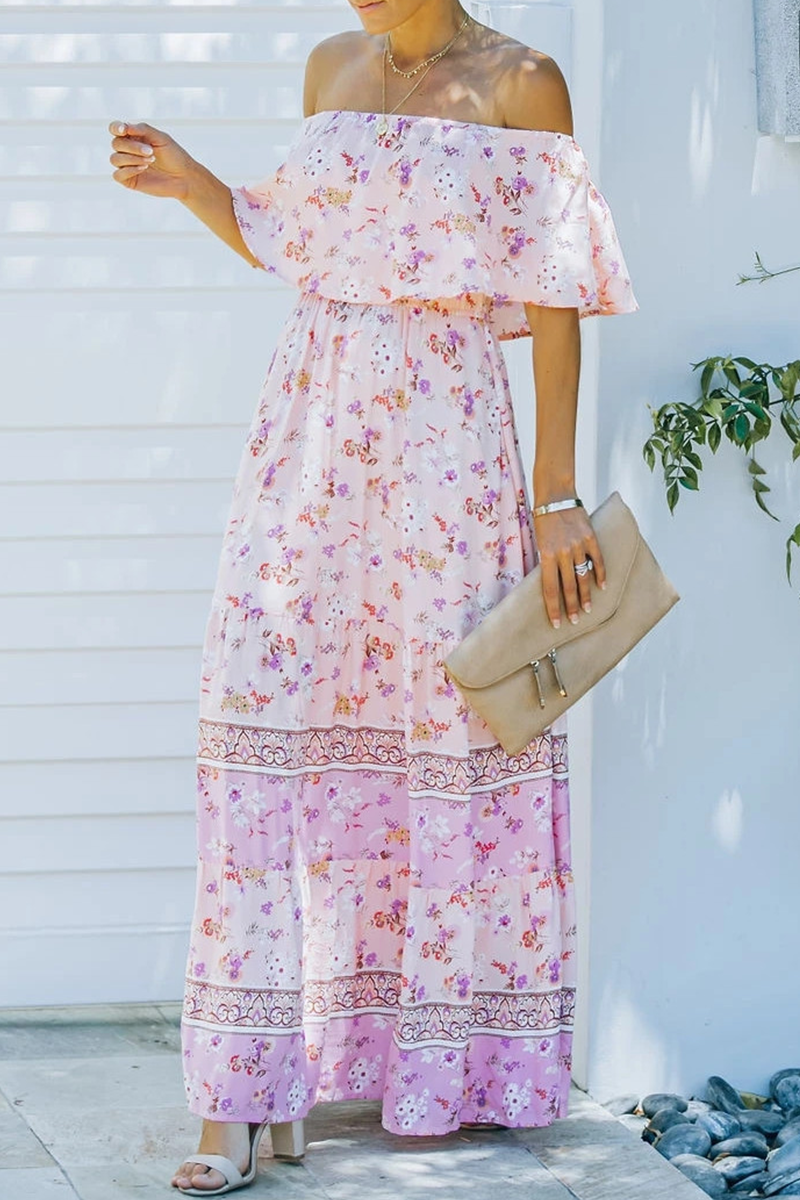 Women's Off-Shoulder Maxi Dress - Floral Print - Ruffled Overlay - Belted Waist