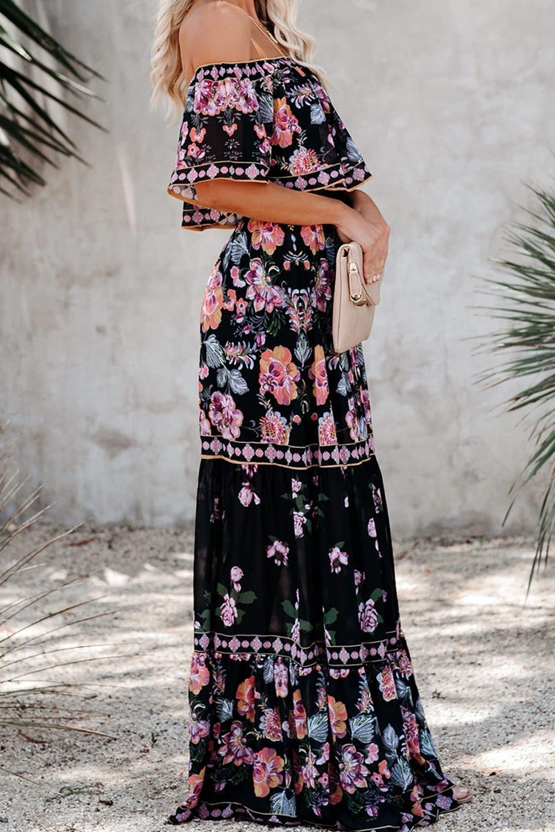 Women's Off-Shoulder Maxi Dress - Floral Print - Ruffled Overlay - Belted Waist