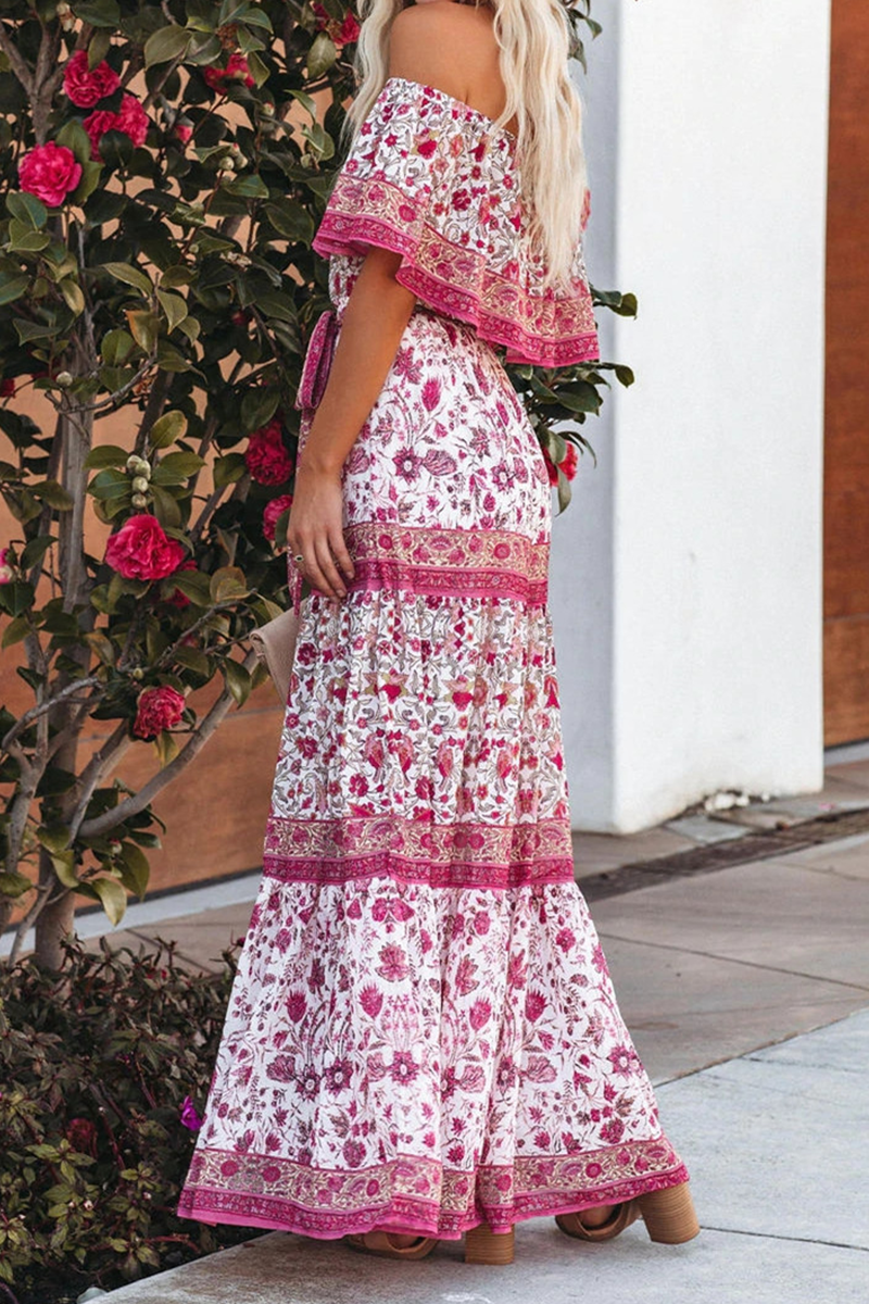 Women's Off-Shoulder Maxi Dress - Floral Print - Ruffled Overlay - Belted Waist