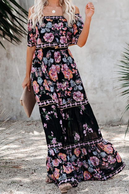 Women's Off-Shoulder Maxi Dress - Floral Print - Ruffled Overlay - Belted Waist