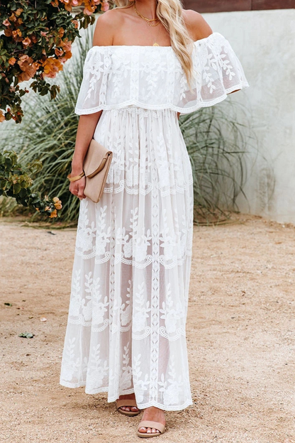 Women's Off-Shoulder Maxi Dress - Floral Print - Ruffled Overlay - Belted Waist