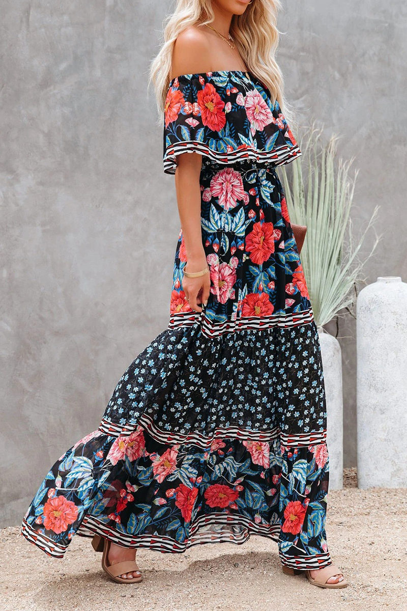 Women's Off-Shoulder Maxi Dress - Floral Print - Ruffled Overlay - Belted Waist