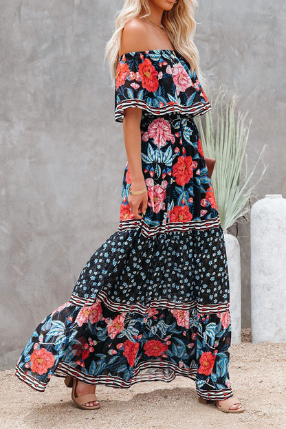 Women's Off-Shoulder Maxi Dress - Floral Print - Ruffled Overlay - Belted Waist