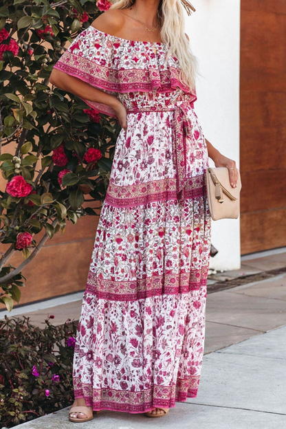Women's Off-Shoulder Maxi Dress - Floral Print - Ruffled Overlay - Belted Waist