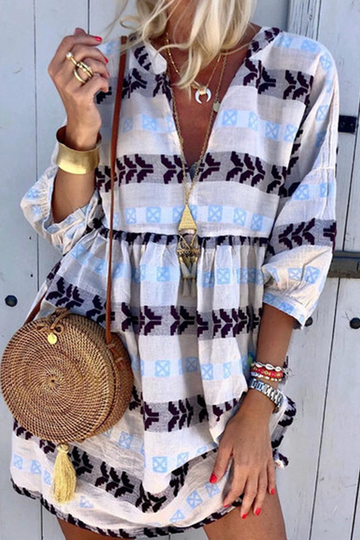 Noe - boho print v neck straight dress