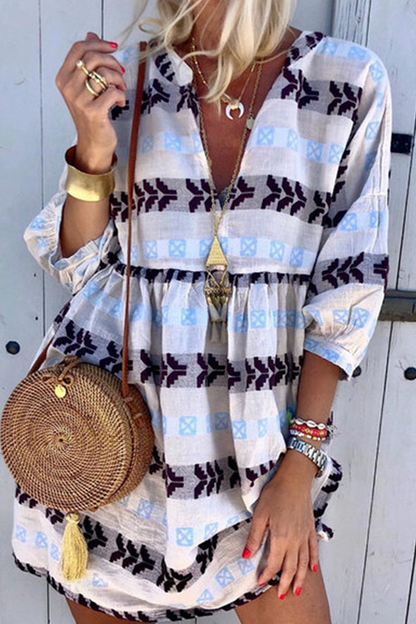 Women's Bohemian Dress - V-Neck - Long Sleeve - Relaxed Fit - Tribal Print