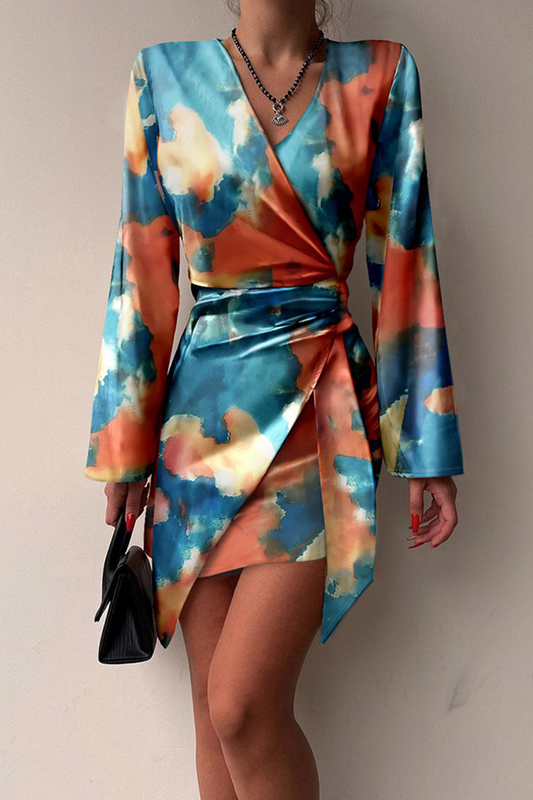 Satin Finish Tie Waist Wrap Mini Dress