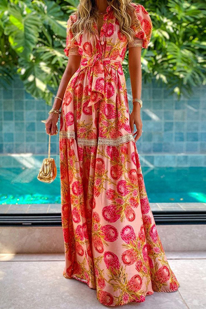 Women's Maxi Dress - Wrap Tie Waist - Puff Sleeve - Floral Print - Elegant Flowy Fit