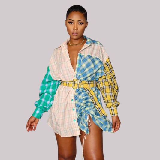 Plaid Patchwork Button-Up Oversized Shirt Dress