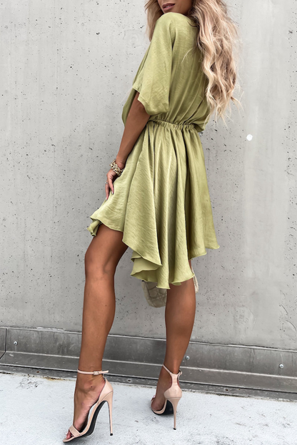 Women's Wrap Dress - V-Neck - Short Sleeve - Adjustable Tie Waist - Asymmetrical Hem