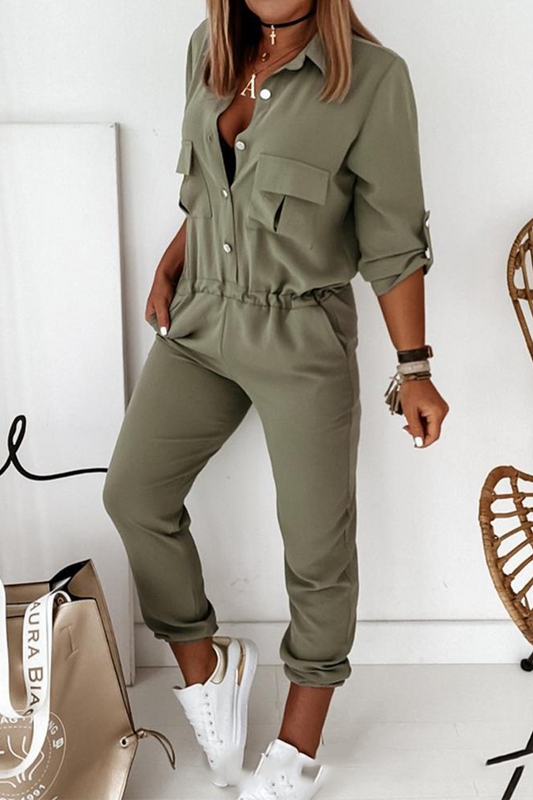 Relaxed Fit Button-Up Collared Jumpsuit