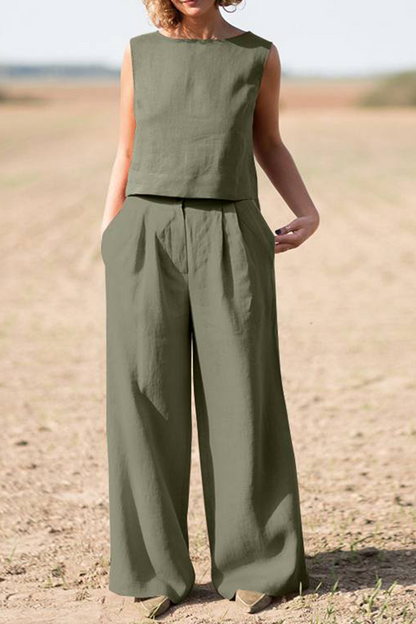 Women's Two-Piece Set - Sleeveless Crop Top & High-Waisted Wide-Leg Pants