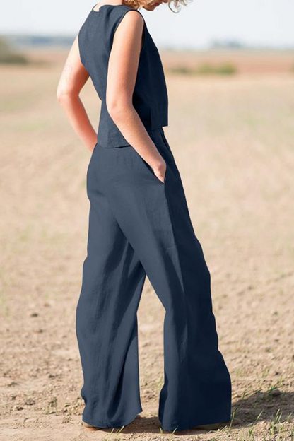 Women's Two-Piece Set - Sleeveless Crop Top & High-Waisted Wide-Leg Pants